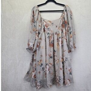 NWT Sweet Lemon‎ Floral Babydoll Mini Dress Beige Brown Medium Bohemian Feminine